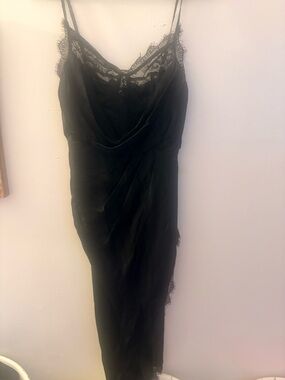 Source Unknown Black Asymmetrical Lace Slip Dress